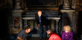 Vinceti, head of Italy's National Committee for the Promotion of Historic and Cultural Heritage, looks on as researchers open tomb above family crypt of Florentine merchant del Giocondo in Florence