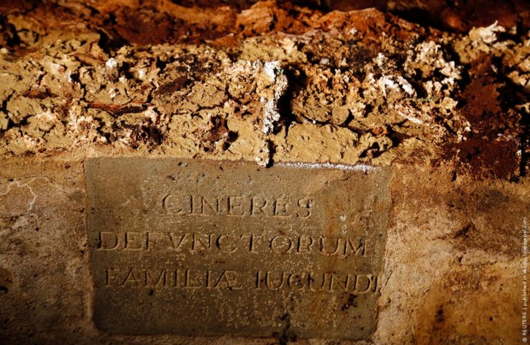 Engraving is seen on a tomb opened in the stone church floor above the family crypt of Florentine silk merchant Francesco del Giocondo at the Santissima Annunziata basilica in Florence