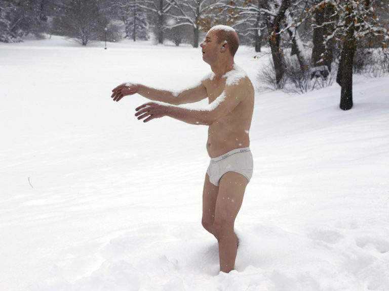 APTOPIX Man in Underwear Statue