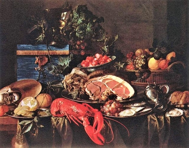 «Натюрморт с ветчиной, омаром и фруктами», Яна Давидса де Хема. Около 1660, Амстердам, Рейксмузеум.